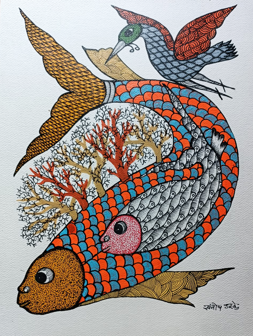 Fish, Gond Painting by Santosh Uikey