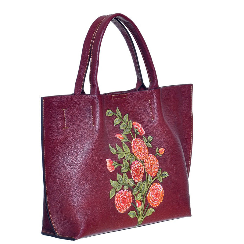 Flowers, Miniature Art on Maroon Tote-