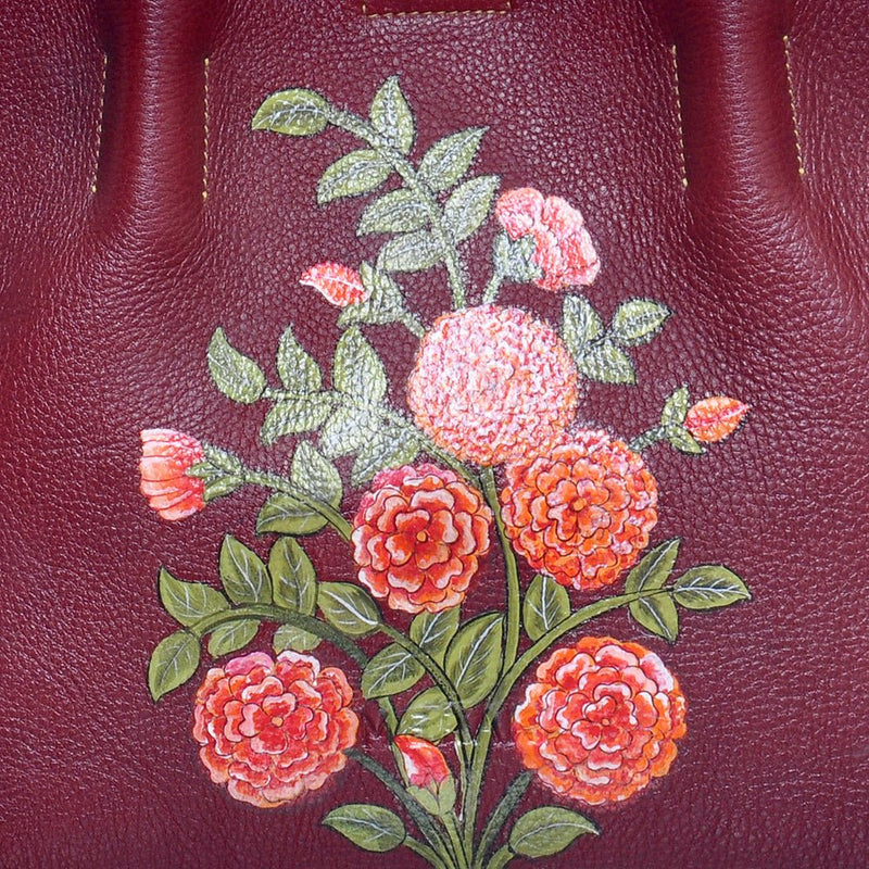 Flowers, Miniature Art on Maroon Tote-