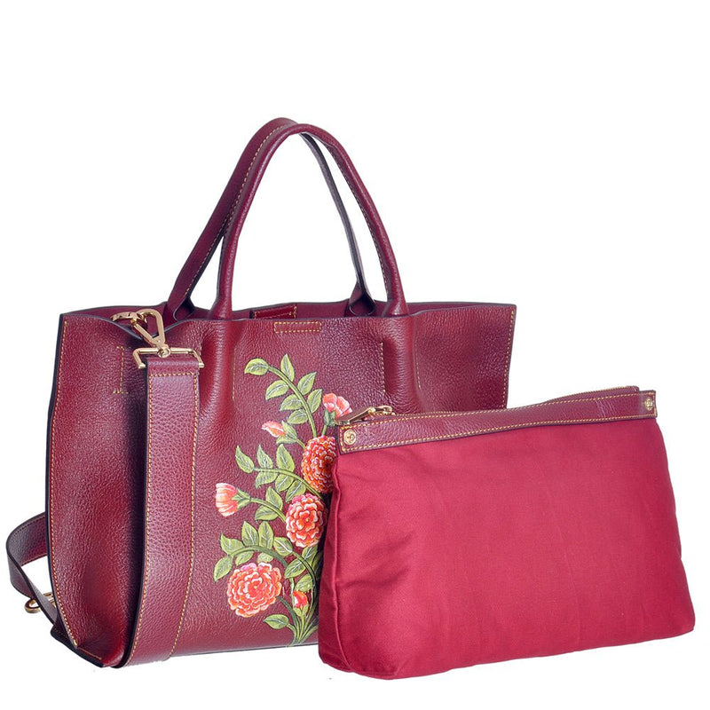 Flowers, Miniature Art on Maroon Tote-