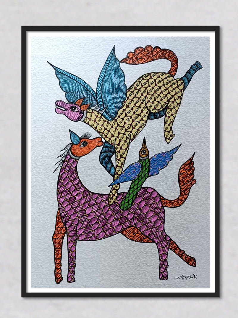 Flying Horse Transcending in Sky Gond painting by Santosh Uikey