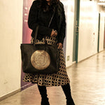 GOLD CHINAR, BLACK LEATHER TOTE BAG-LAPTOP BAG