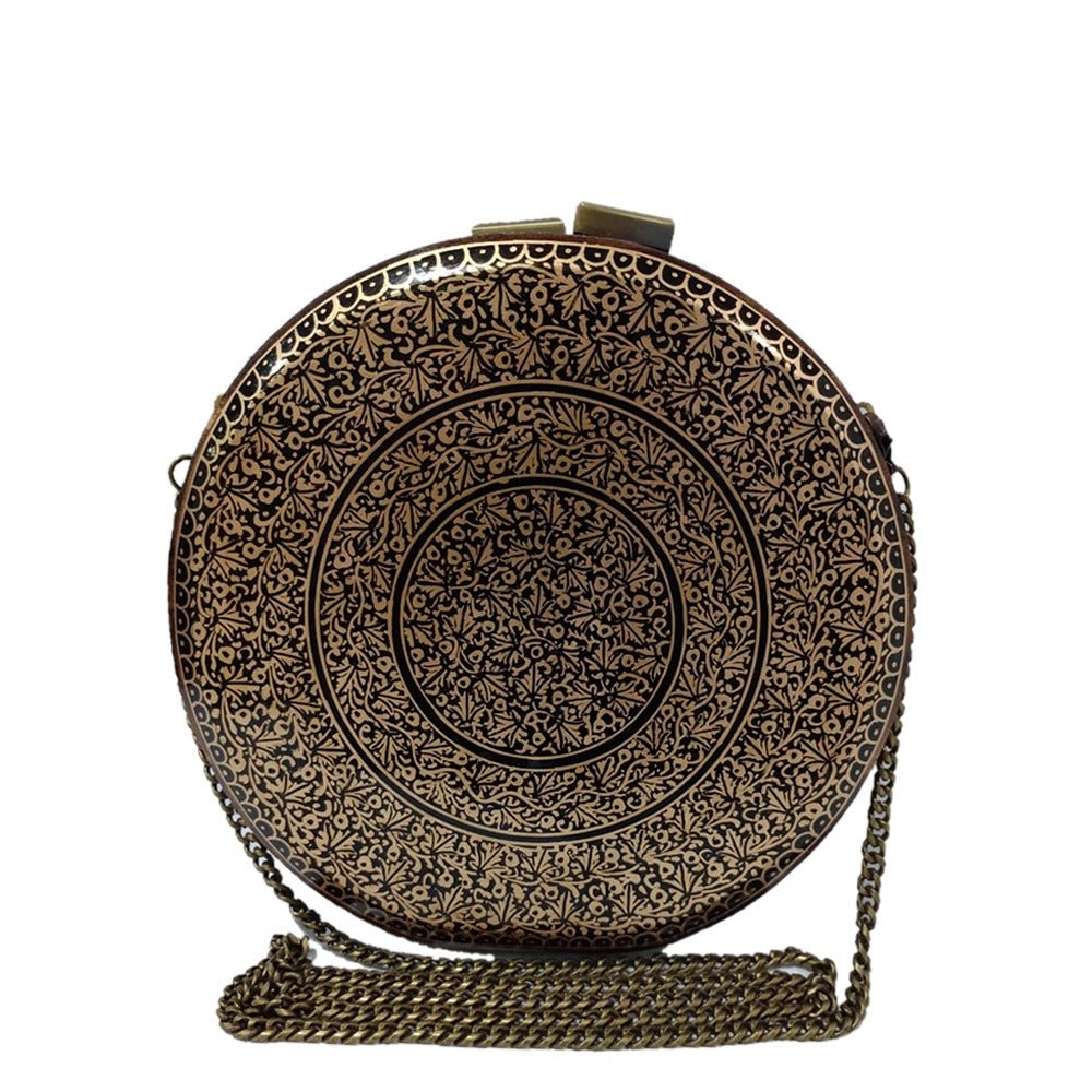 Round Gold Chinar Wood Clutch Bag