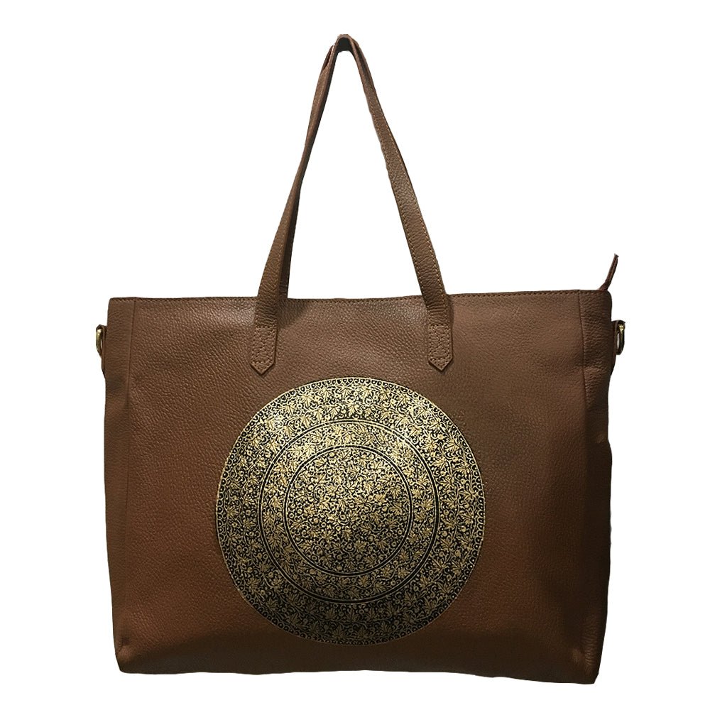 GOLD CHINAR, TAN LEATHER TOTE BAG-LAPTOP BAG