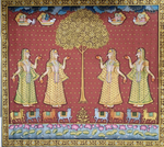 Gopis with Kadamba Tree, Pichwai Painting by Sushil Soni