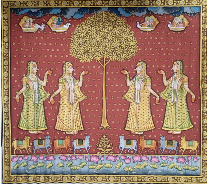 Gopis with Kadamba Tree, Pichwai Painting by Sushil Soni