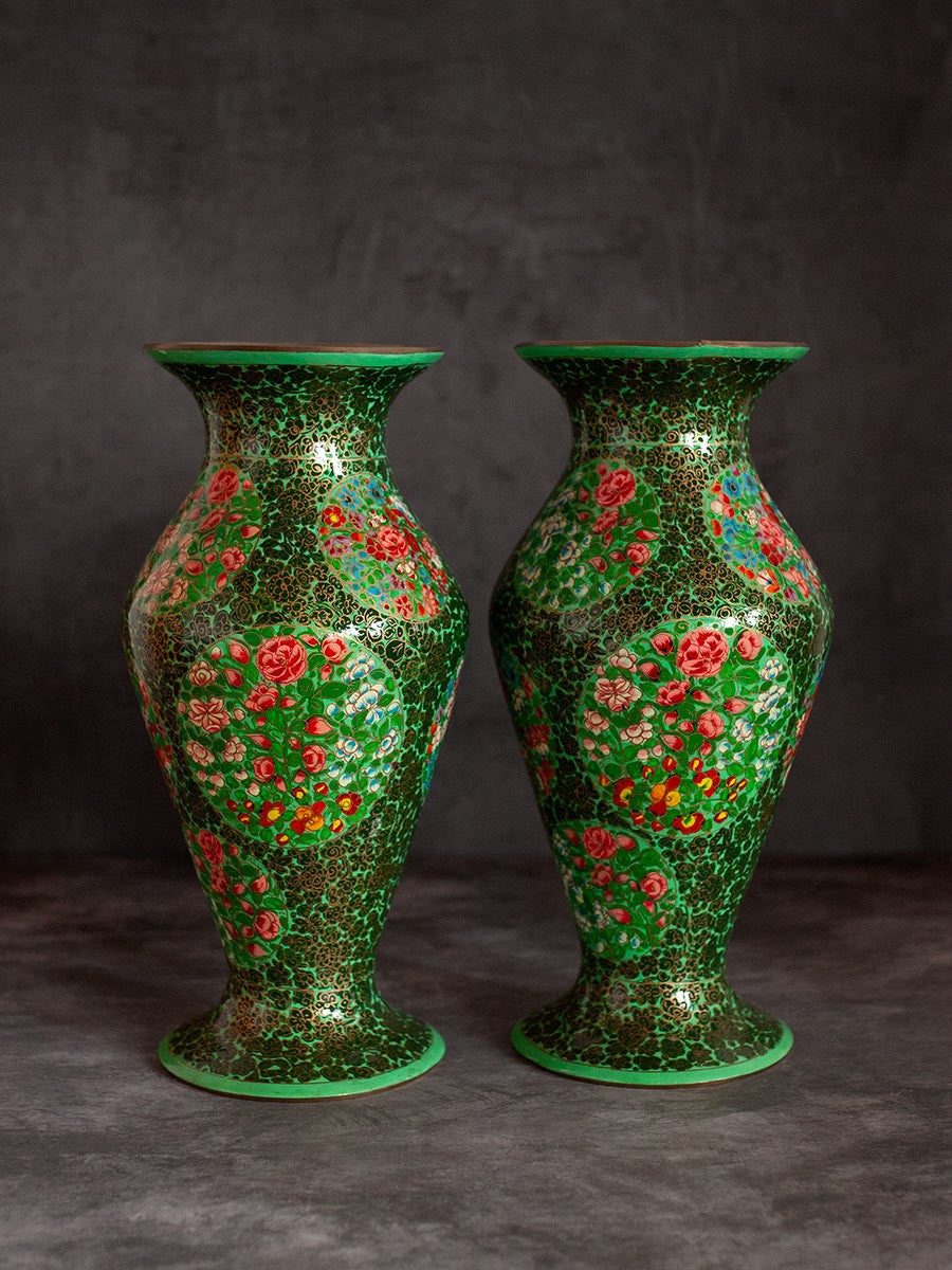 Green Floral Paper Mache Vase by Riyaz