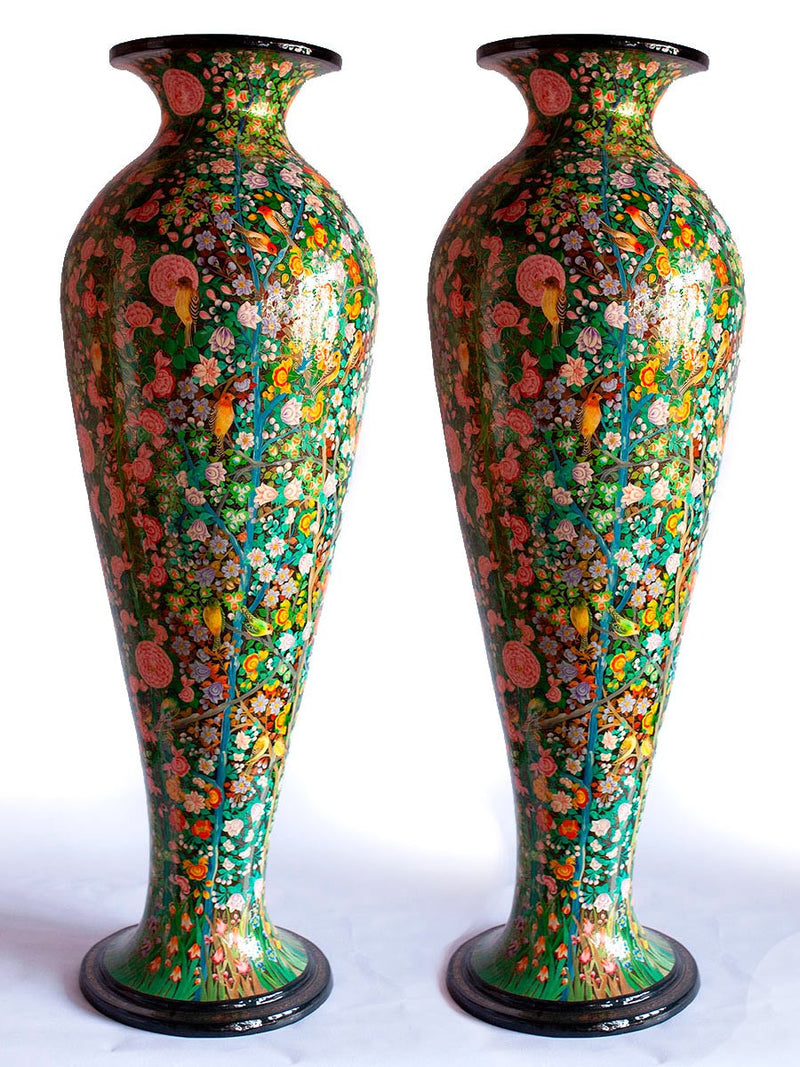 Green Floral Paper Mache Vase by Riyaz Khan