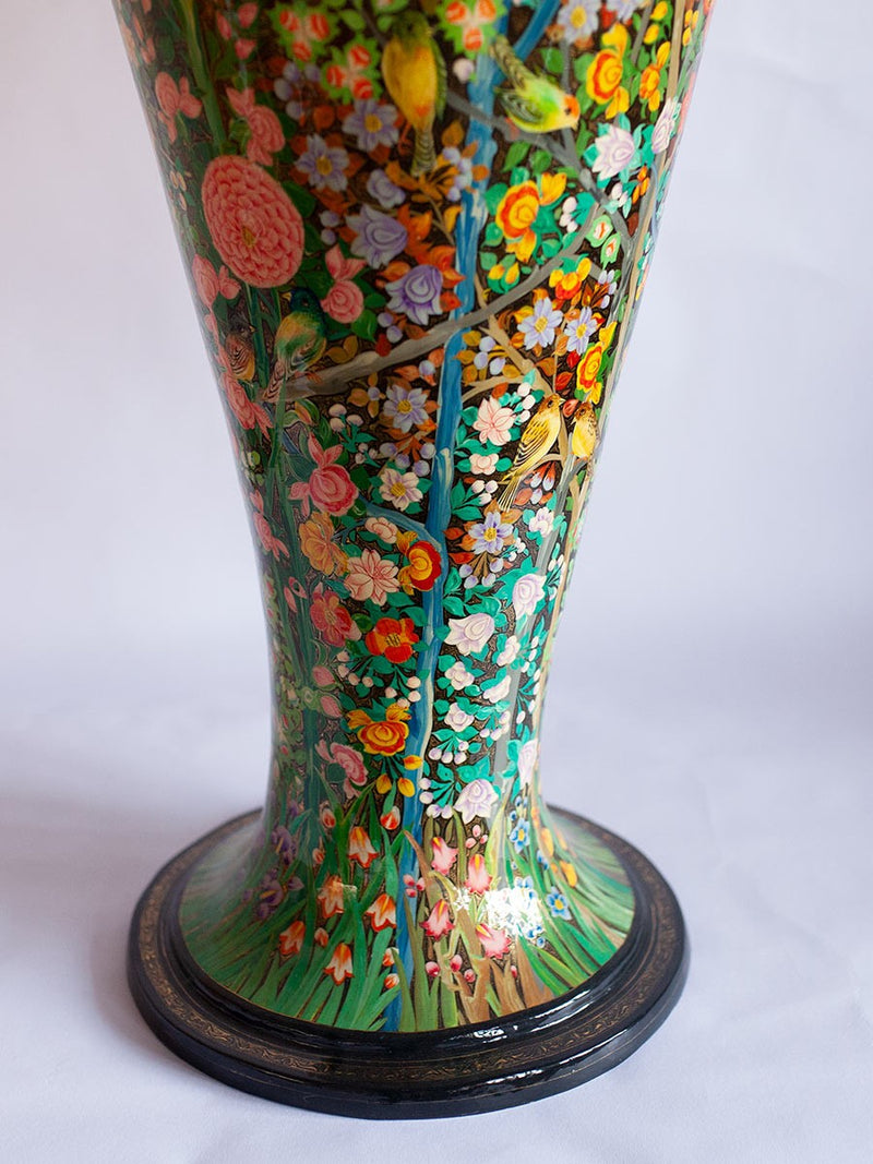 Green Floral Paper Mache Vase by Riyaz Khan