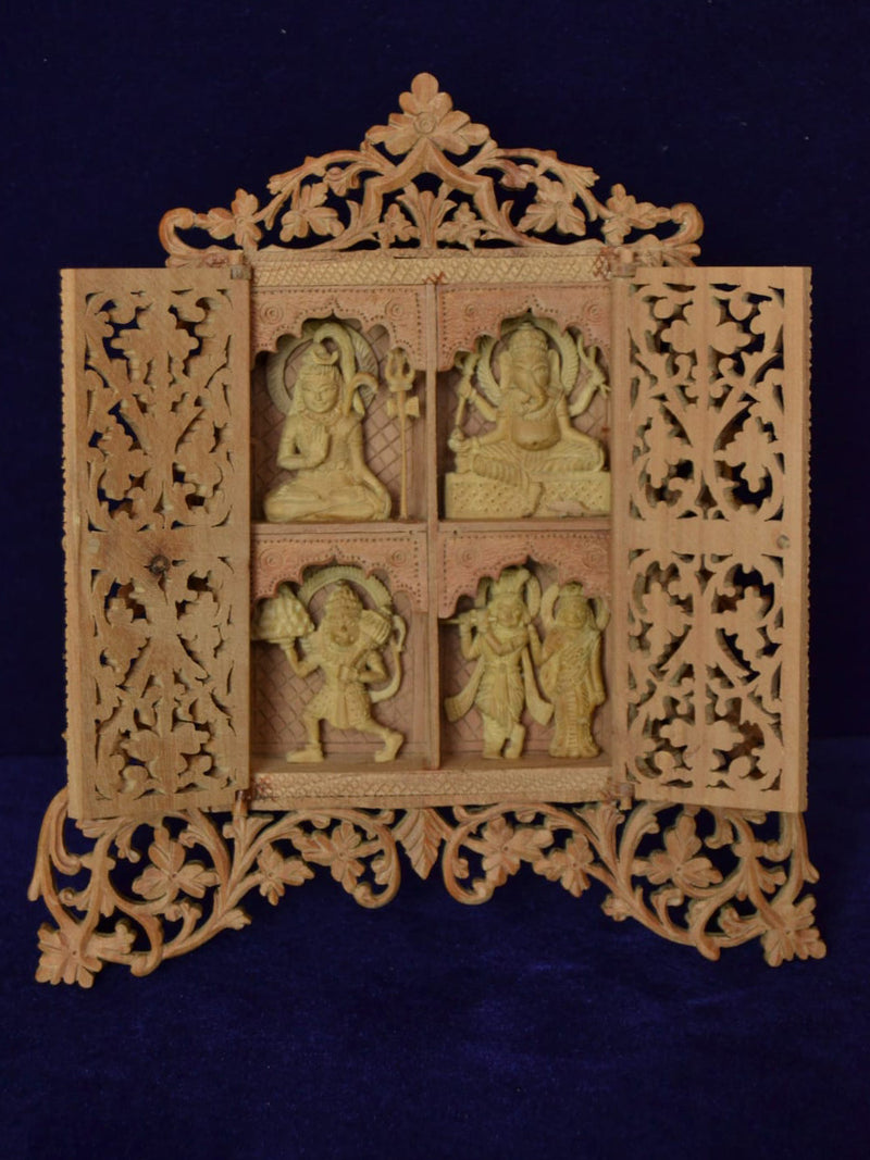 Hindu Pantheon Sculpture, Raw Sandalwood Miniature Artwork by Om Prakash