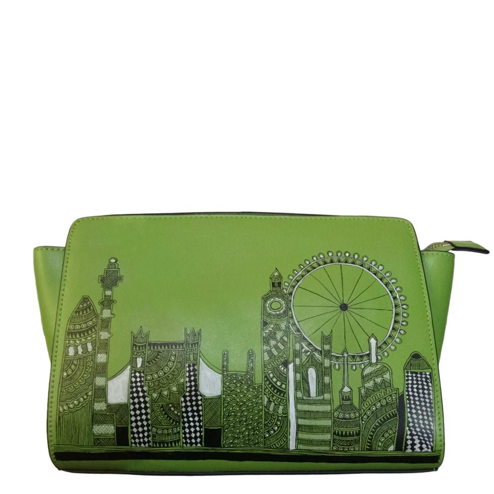 Handpainted Madhubani London skyline on green leather crossbody