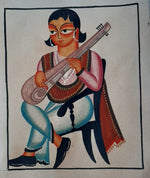 The Musician, Kalighat Art by Bapi Chitrakar-Paintings by Master Artists