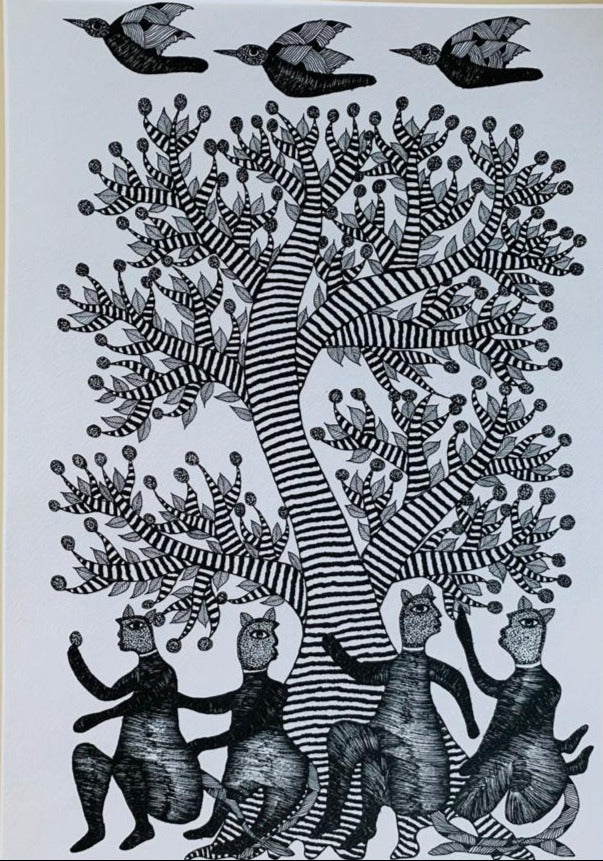 Monkey tree bird gond art