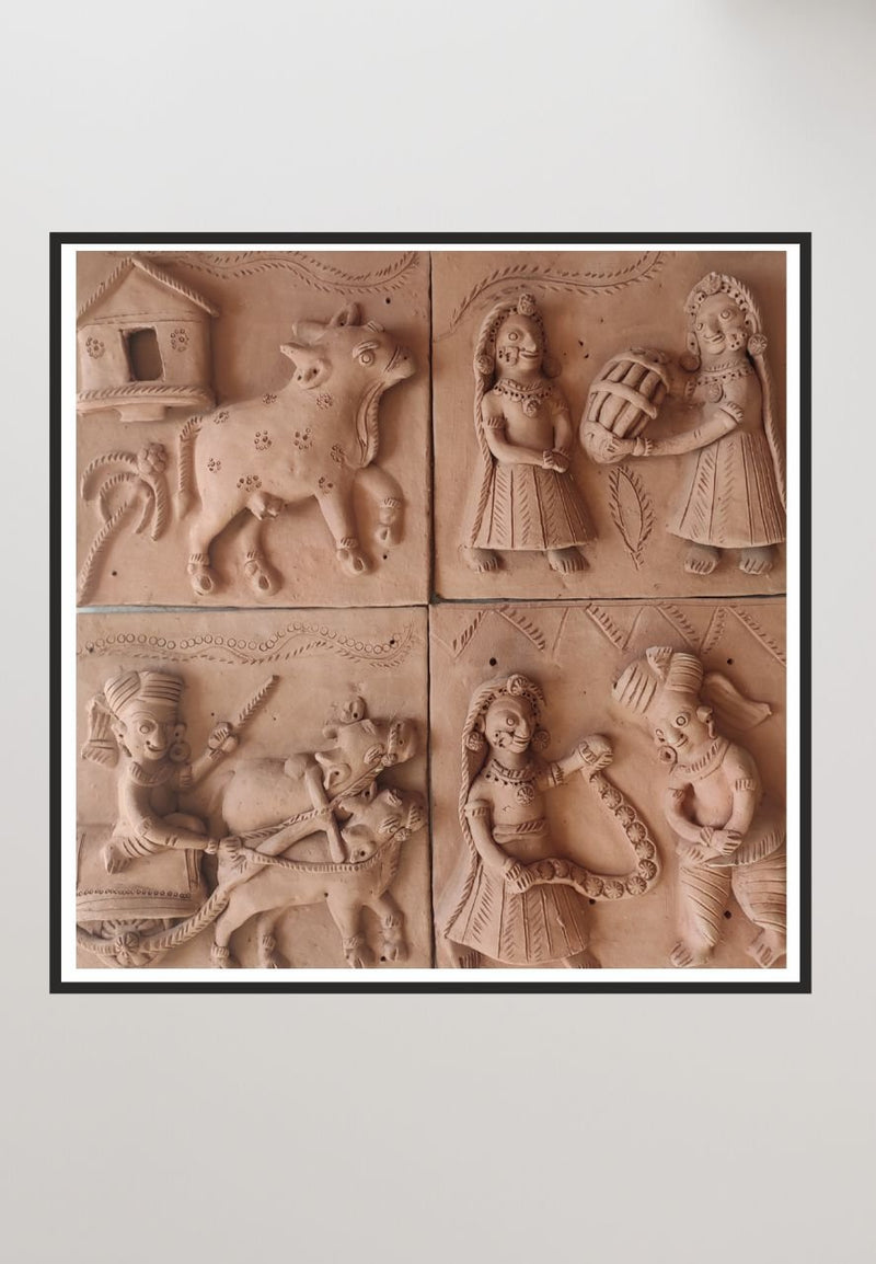 My Village: Set of 4 Terracotta Art Tiles by Dinesh Molela-Paintings by Master Artists