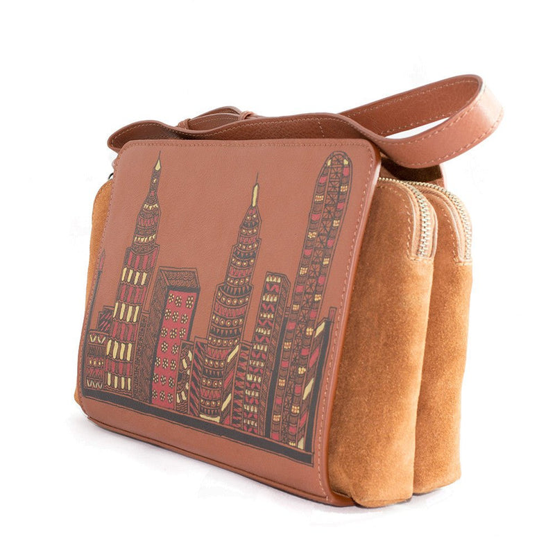 Handpainted leather sling with Madhubani Hong Kong skyline