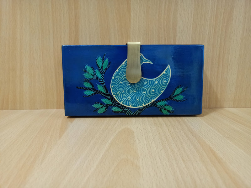 PEACOCKS MELODY , GOND BLUE WOOD CLUTCH