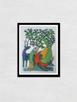 Peacock and the Deer, Gond Painting by Santosh Uikey