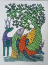 Peacock and the Deer, Gond Painting by Santosh Uikey