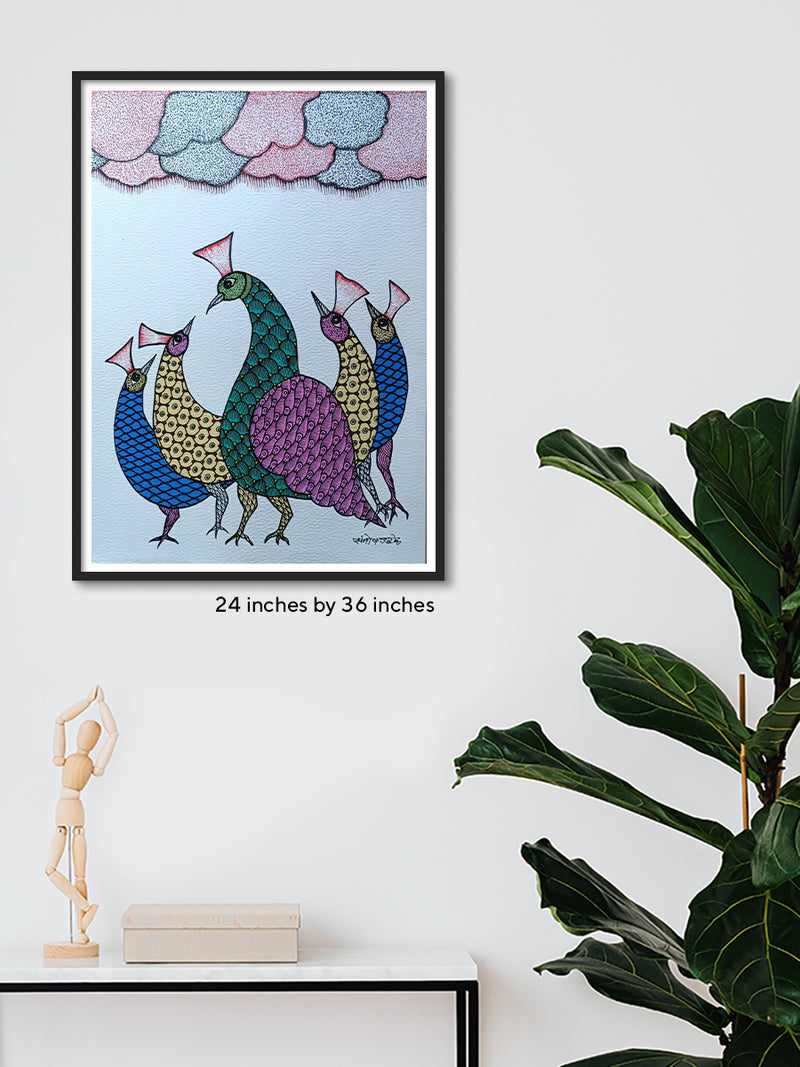 Peacocks Gond painting by Santosh Uikey