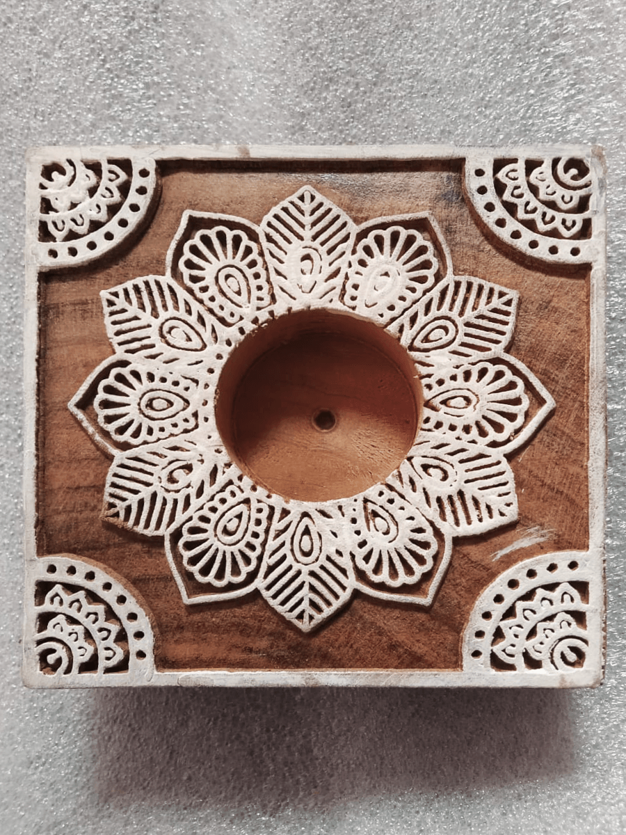 Square Sheesham Wood Carved Tea Light