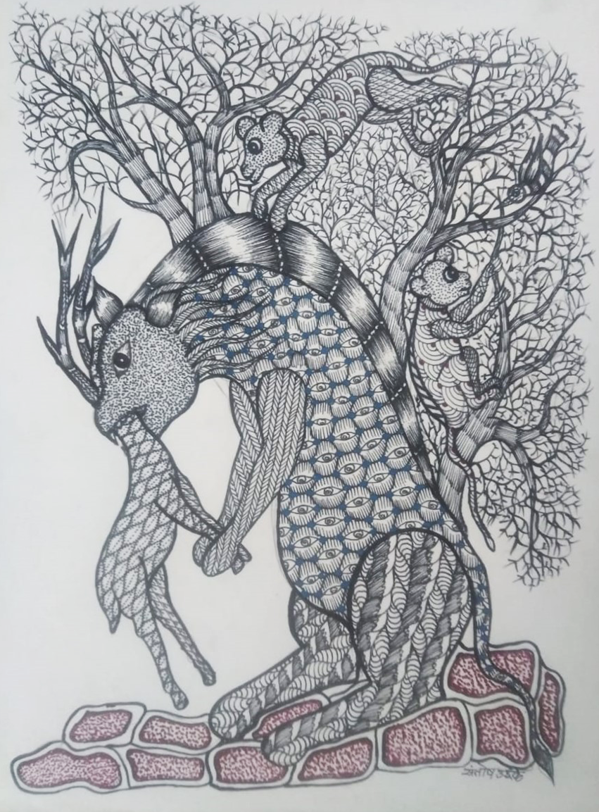 Tiger in Devouring, Gond Painting by Santosh Uikey