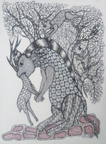 Tiger in Devouring, Gond Painting by Santosh Uikey