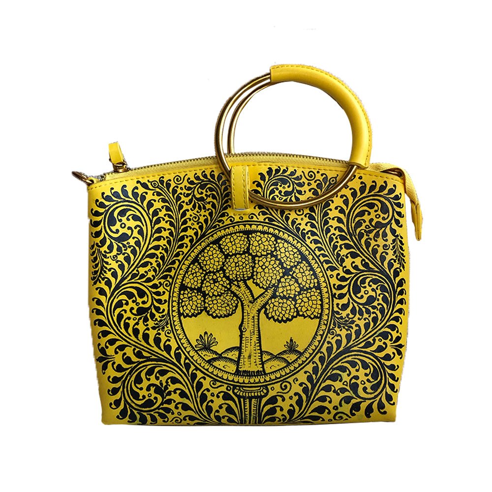 'Tree of life' handpainted yellow wristlet / sling-Women's Leather Bag