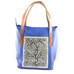 Handpainted blue leather tote with tree of life