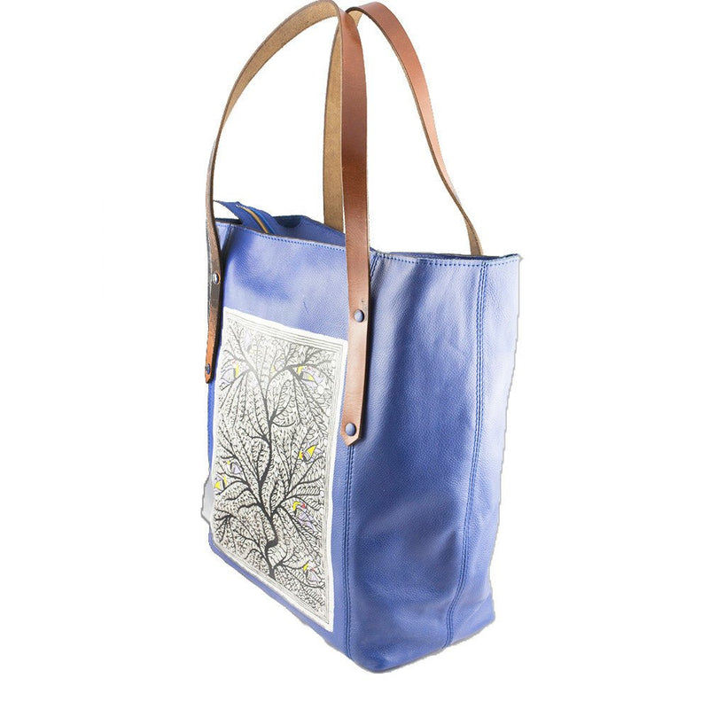 Handpainted blue leather tote with tree of life