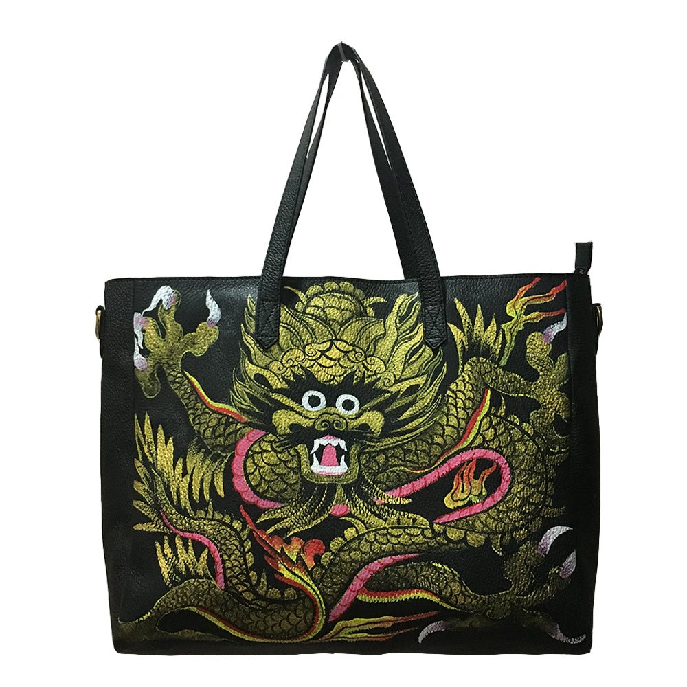 WHERE BE DRAGONS, BLACK LEATHER TOTE BAG-LAPTOP BAG