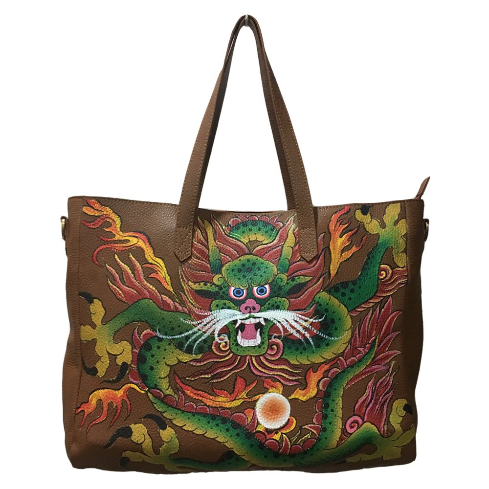 WHERE BE DRAGONS, TAN LEATHER TOTE BAG-LAPTOP BAG