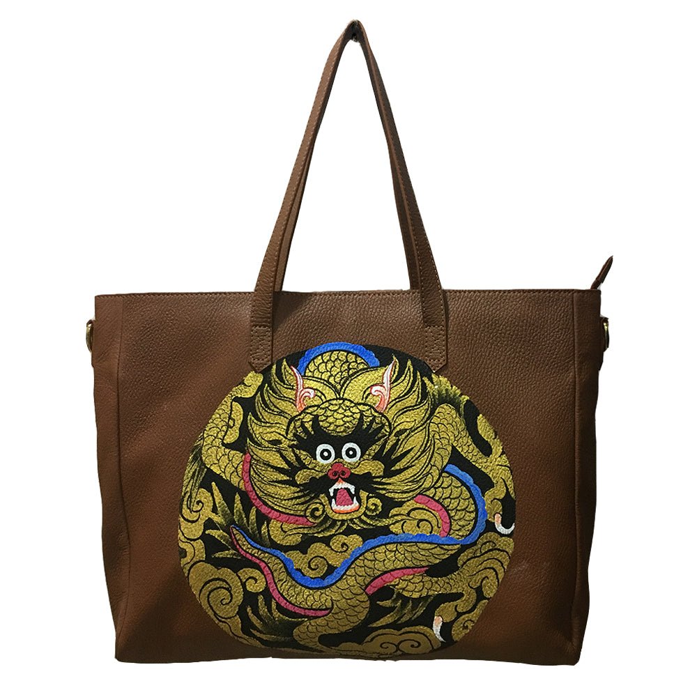 WHERE BE DRAGONS, TAN LEATHER TOTE BAG-LAPTOP BAG