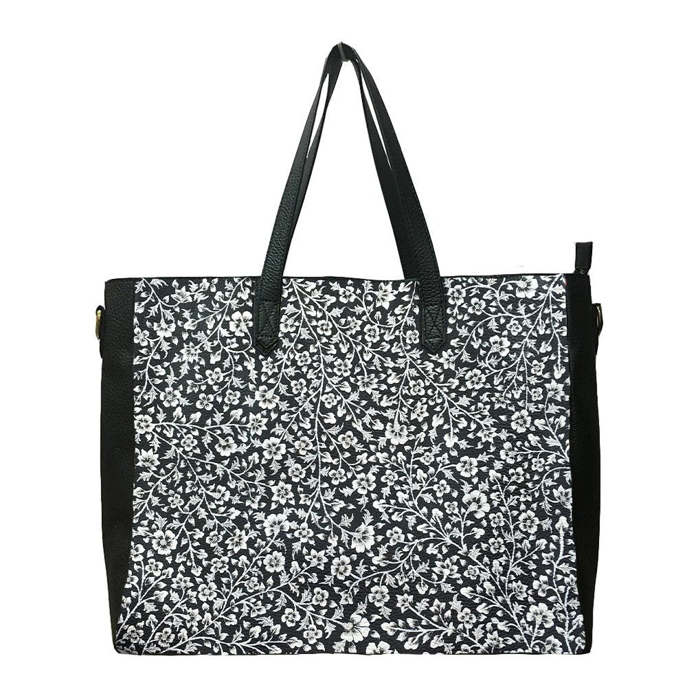 WHITE FLOWERS, BLACK LEATHER TOTE BAG-Vegan Fabric Laptop Bags/Totes