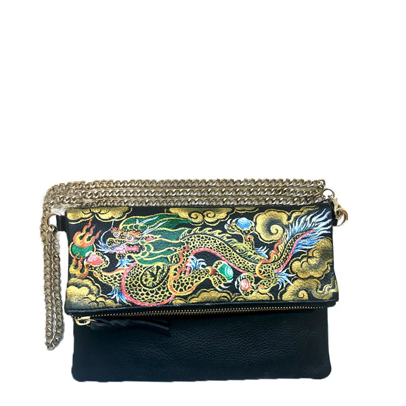 Where be Dragons, Black Foldover Clutch/Sling-