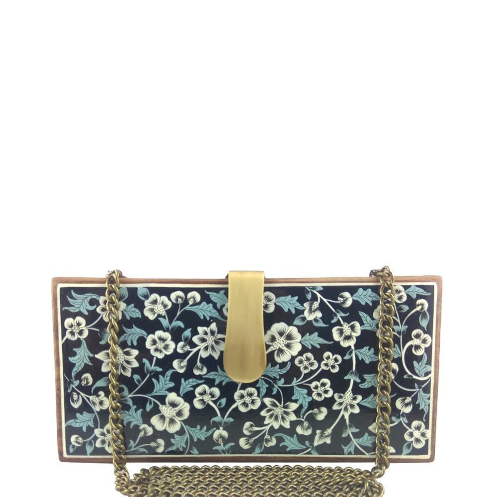 White Flowers, Blue Leaves wood clutch-