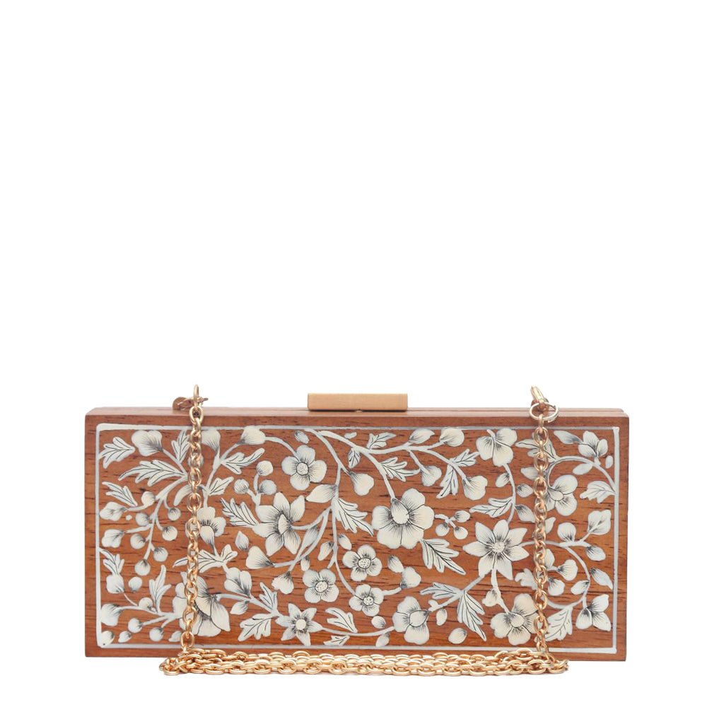 White Flowers, Wood Clutch-