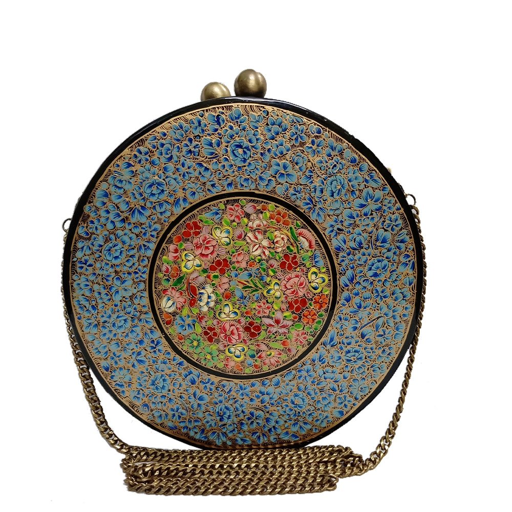 Hand-Painted Papier Mache and Wood Clutch Bag with Strap, 'Glory of Persia