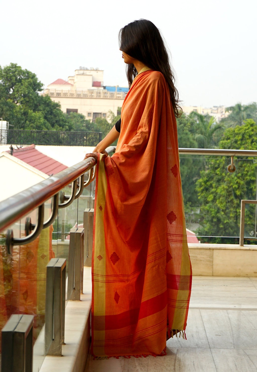 KOLUM - Orange & Pink Handwoven Cotton Saree-Jiyo - Sarees